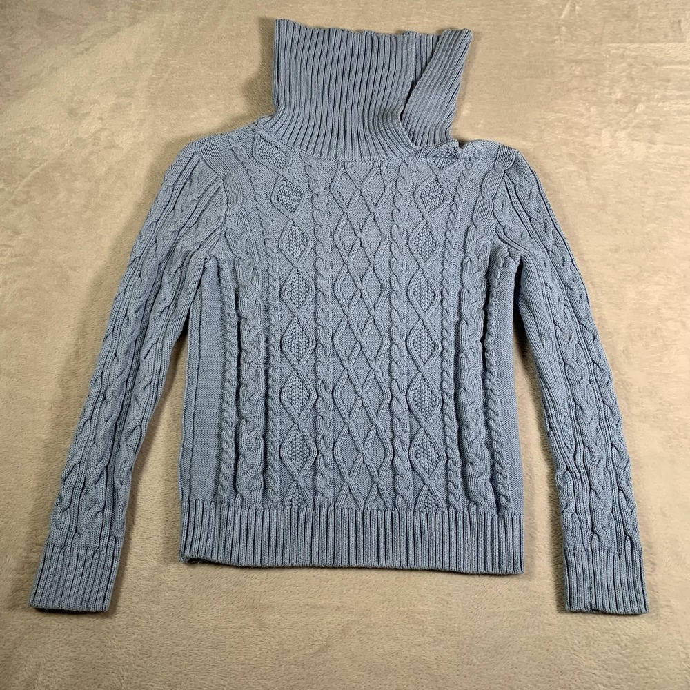 Jeanne Pierre Sweater Womens Medium Blue Cable Knit Turtleneck Pullover Cotton